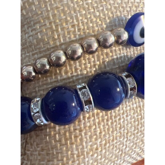 Set of 2 Evil Eye Beaded Bracelet Gold Tone Blue Glass Stretch Stack 6.5" 6.75" - Picture 3 of 5